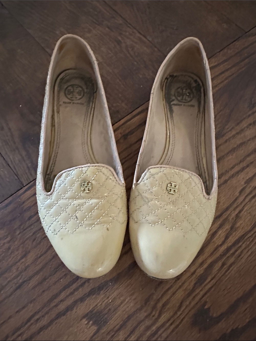 Tory Burch Nude Quilted Leather Flats with Logo